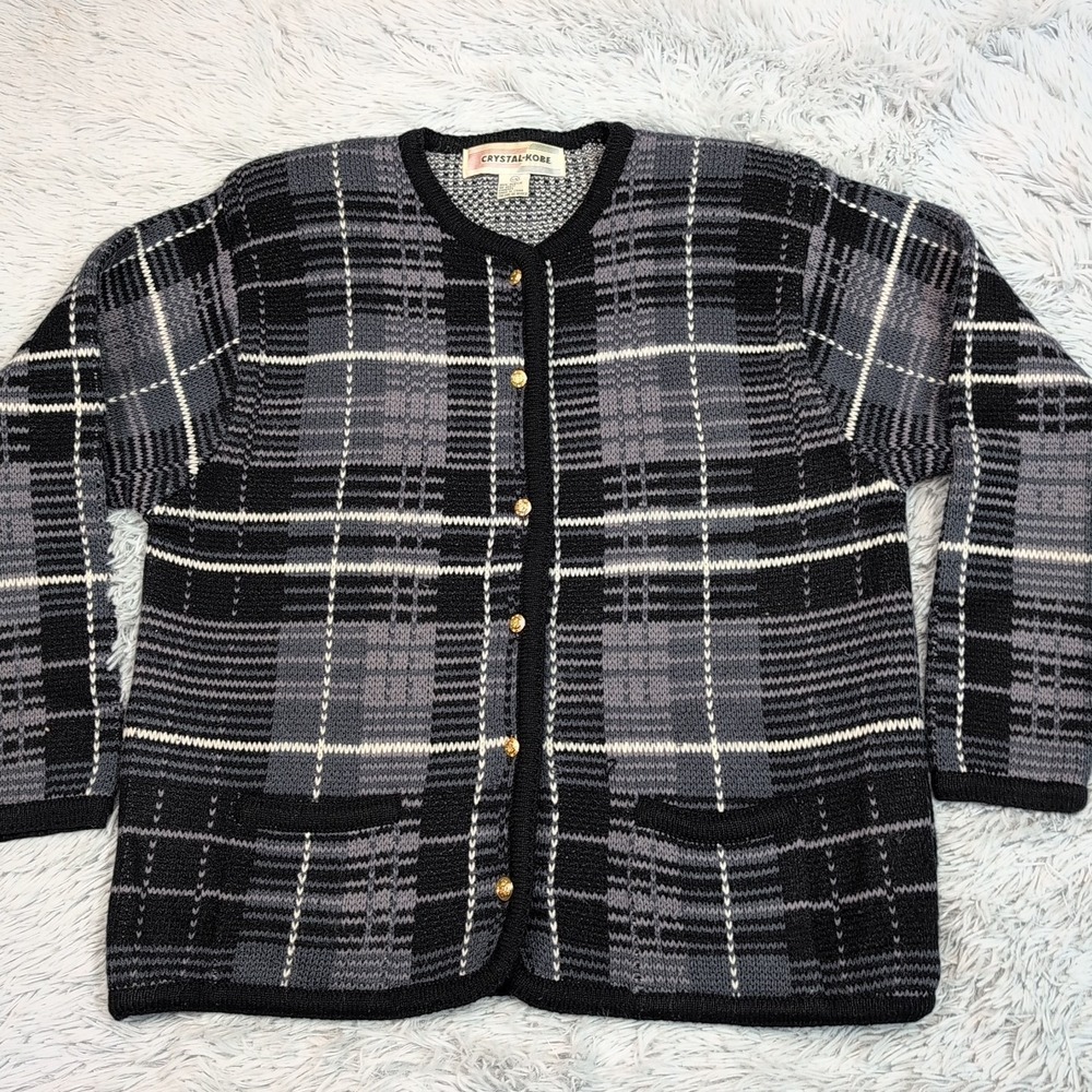 Vintage Crystal Kobe Sweater Womens L Black Gray Cardigan Button Up Cozy Grandma